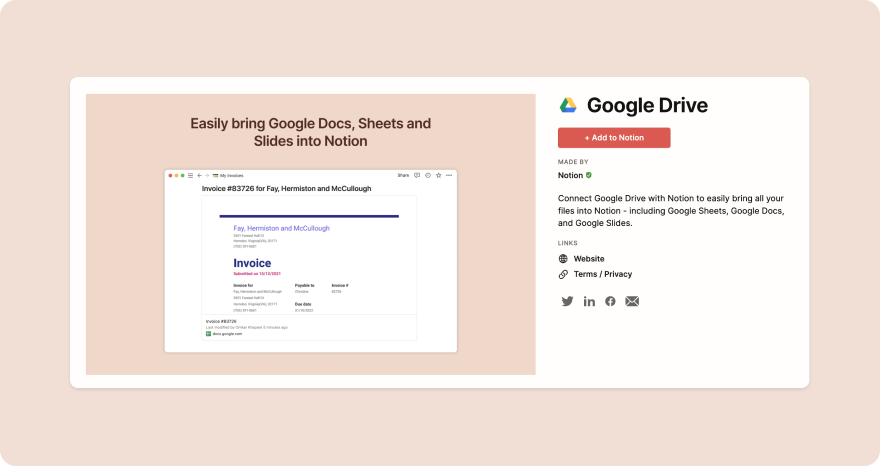 screenshot of Google Drive integration page 