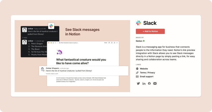 screenshot of Slack integration page 