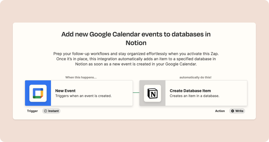screenshot of Google Calendar and Notion integration page on Zapier.com