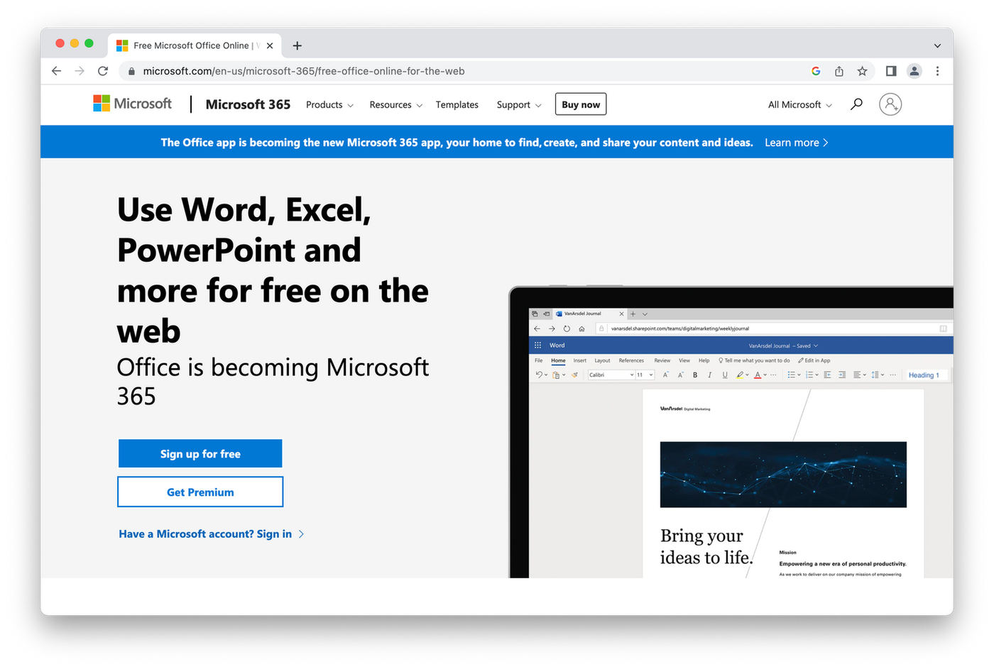 Screenshot of Microsoft Excel Online homepage