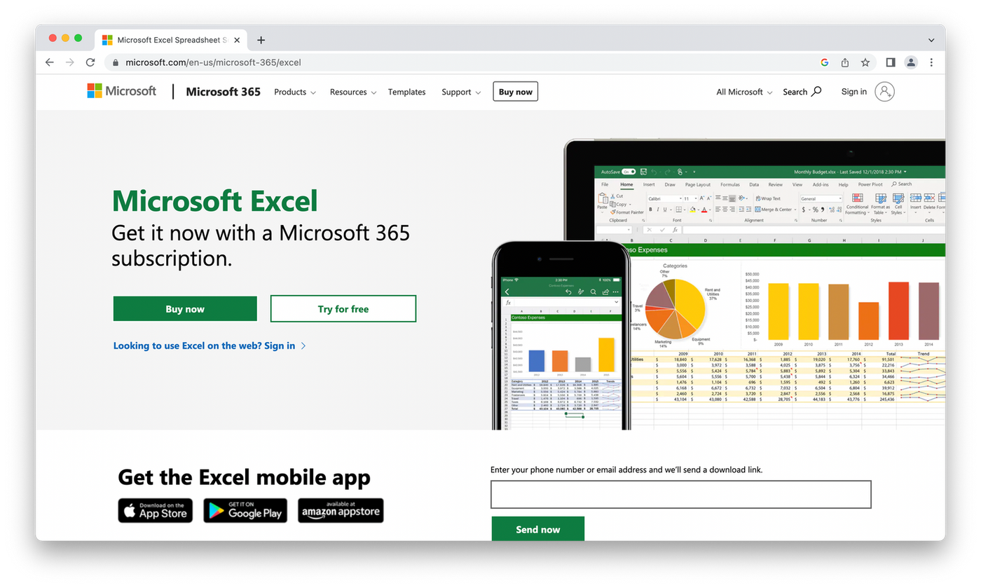 Microsoft Excel homepage