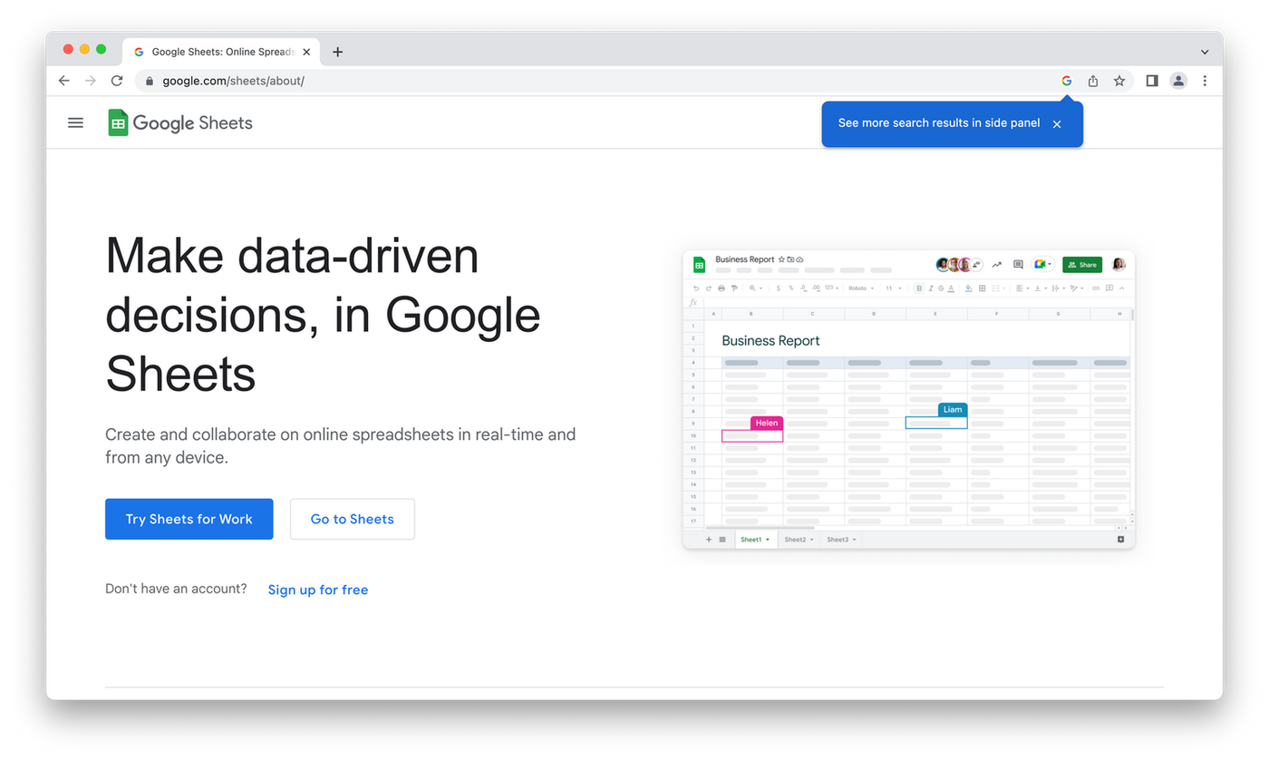 Homepage for Google Sheets