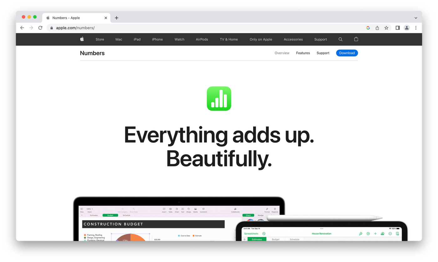 Apple Numbers homepage
