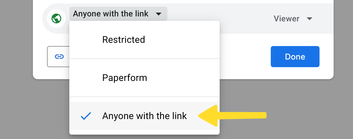 screenshot of sharing restrictions menu in google drive