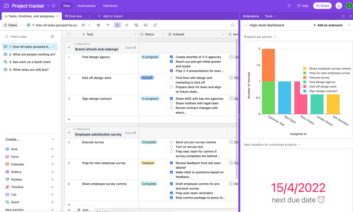 A screenshot of a project tracker in Airtable showing project details, progress, and status.