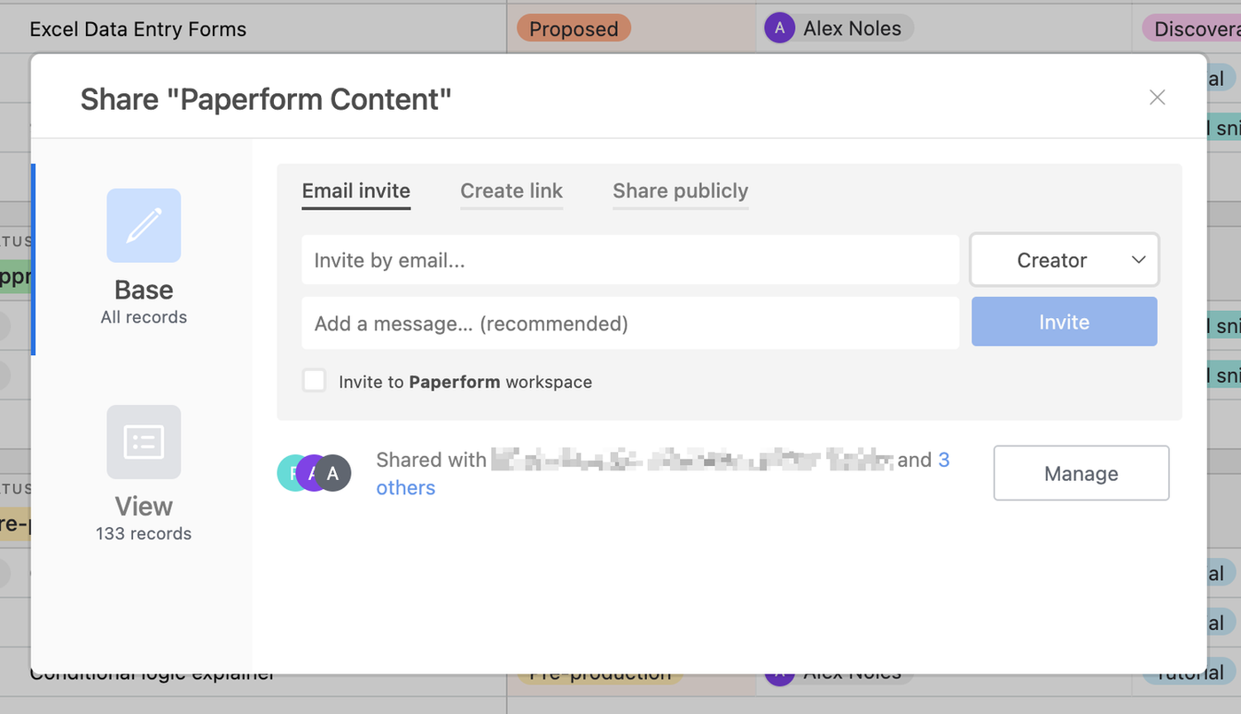 Airtable sharing screen displaying a table of tasks with different columns and filters.