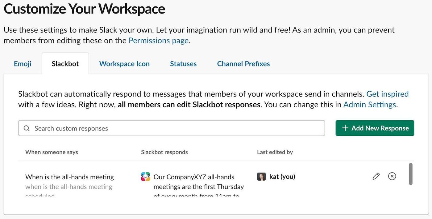 Screenshot of the "Customize your workspace" setting menu on the Slack website. 