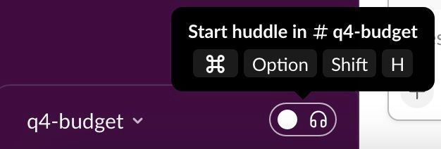 Screenshot of slack menu with the pop-up menu saying "start a huddle" 
