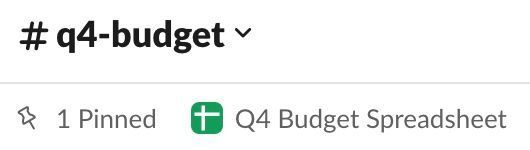 A pinned message within a Slack channel, announcing the link to the Q4 budget spreadsheet. 