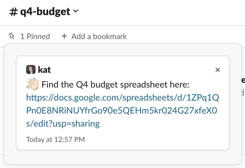 A pinned message within a Slack channel, announcing the link to the Q4 budget spreadsheet. 