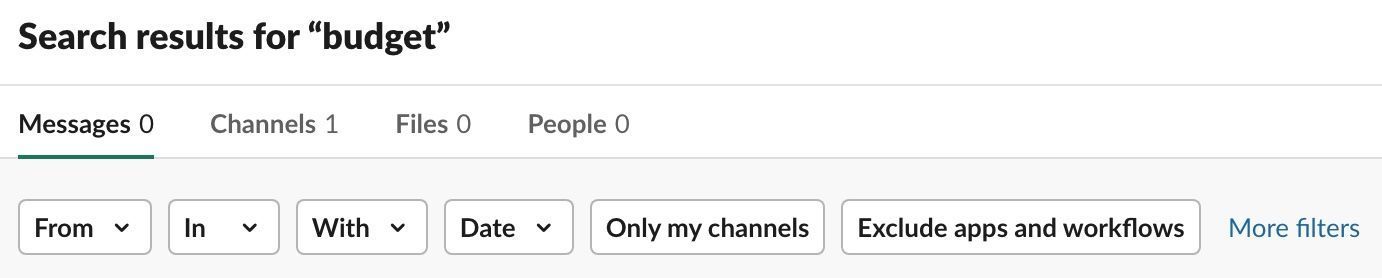 Slack search with the filter "budget" 
