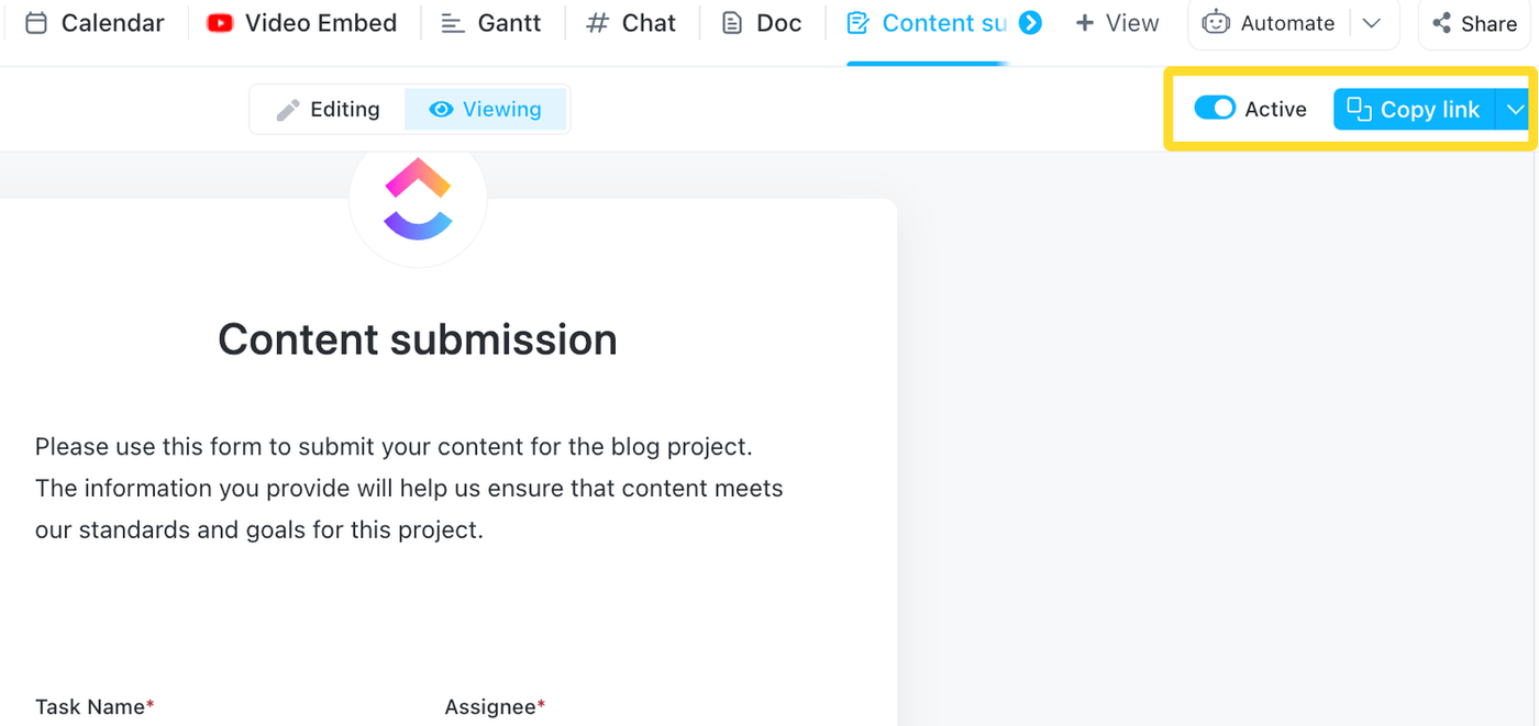 Screenshot of ClickUp's Share Form dialogue box, with a highlighted copy link button. The Share Form feature allows users to share the form with others by copying the link and sharing it via email, chat, or any other means of communication.