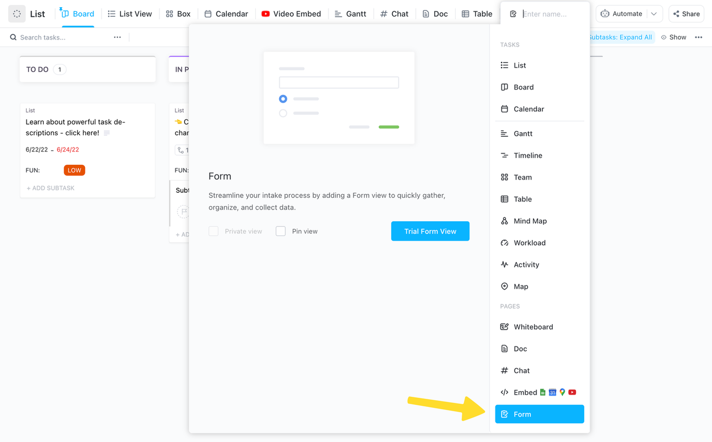 Screenshot of the ClickUp view menu, displaying various view options including list view, board view, calendar view, Gantt view, and more.