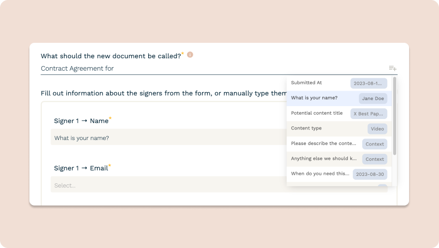 paperform to papersign integration screenshot with answer piping