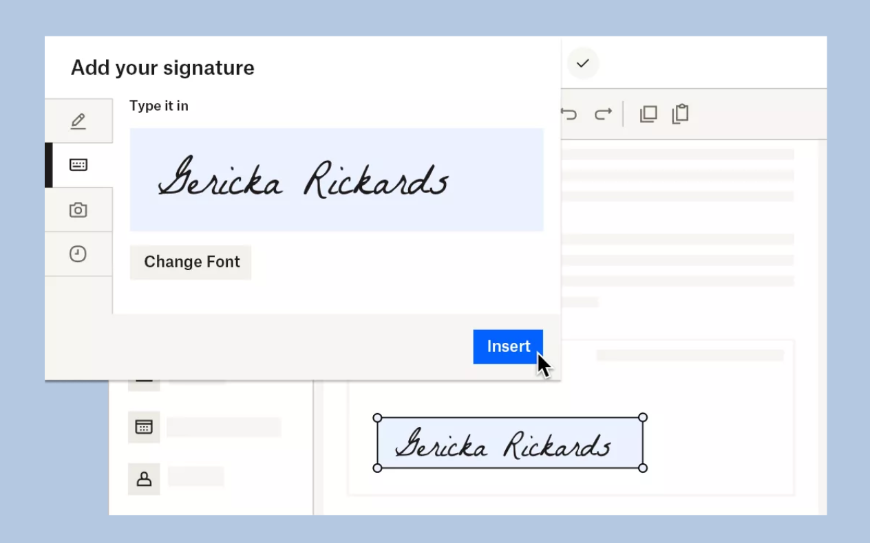 screenshot of dropbox sign adding a signature