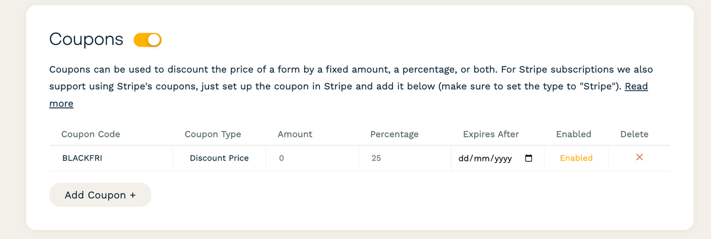 Screenshot of paperform coupon settings