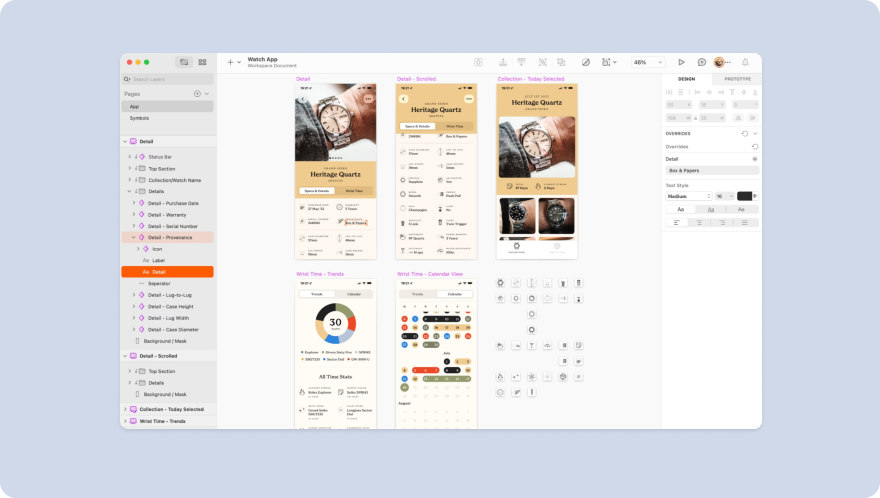 sketch interface with mobile ui on blue background