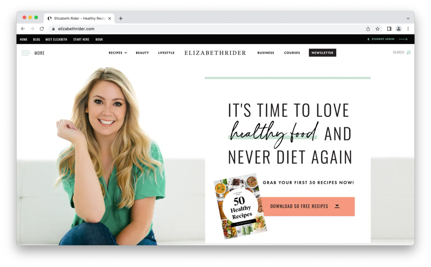 Screenshot of Elizabeth Rider's website