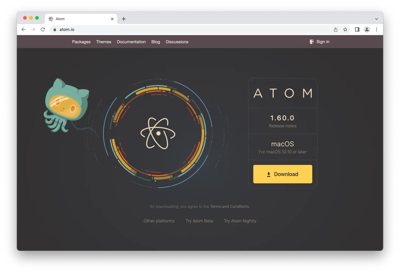 homepage of Atom, molecule on black background