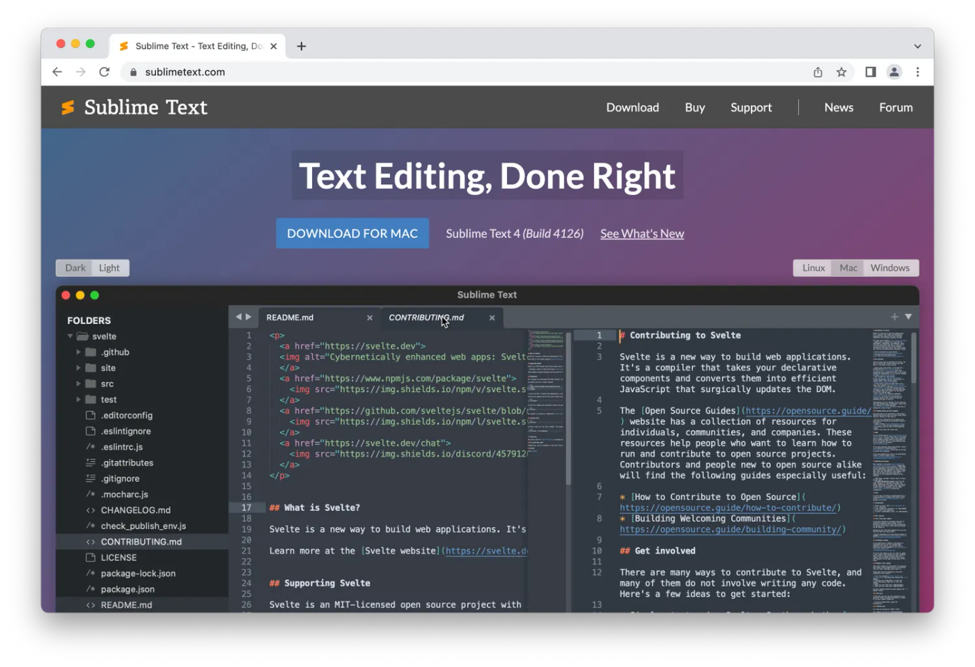 Sublime homepage, code on dark background