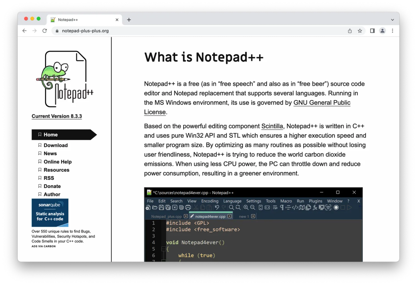 Notepad++ homepage, coding on white background