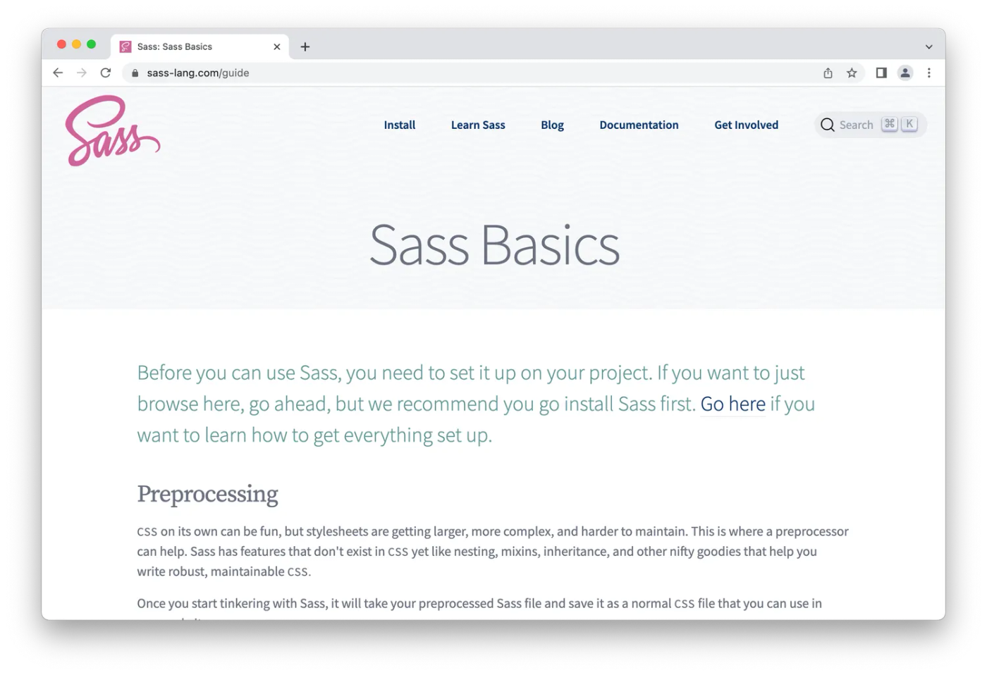 Homepage for Sass, green and black lettering on white background