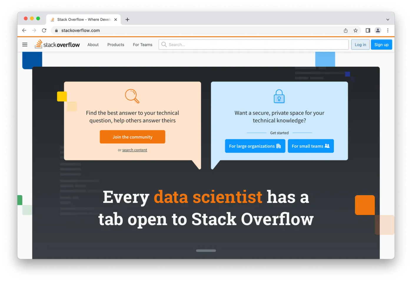 Stackoverflow homepage, orange and blue text boxes on black background