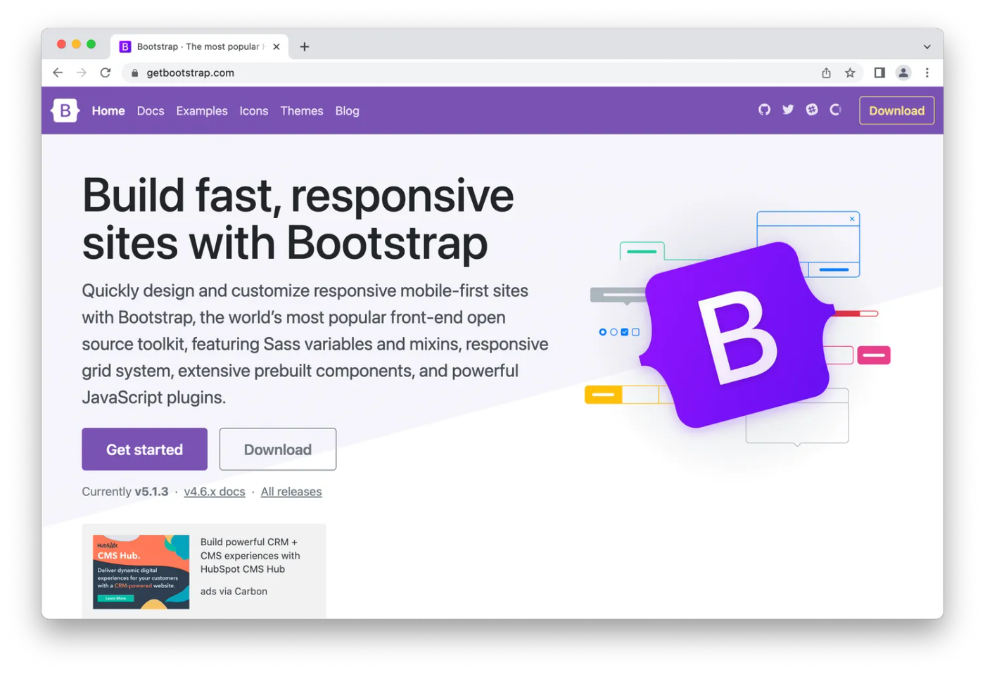 Bootstrap homepage, purple B logo on white background