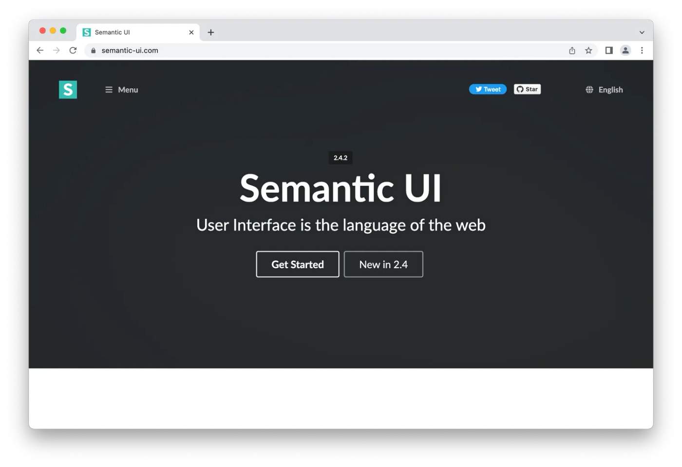 Semantic UI's homepage, simple white text on black background