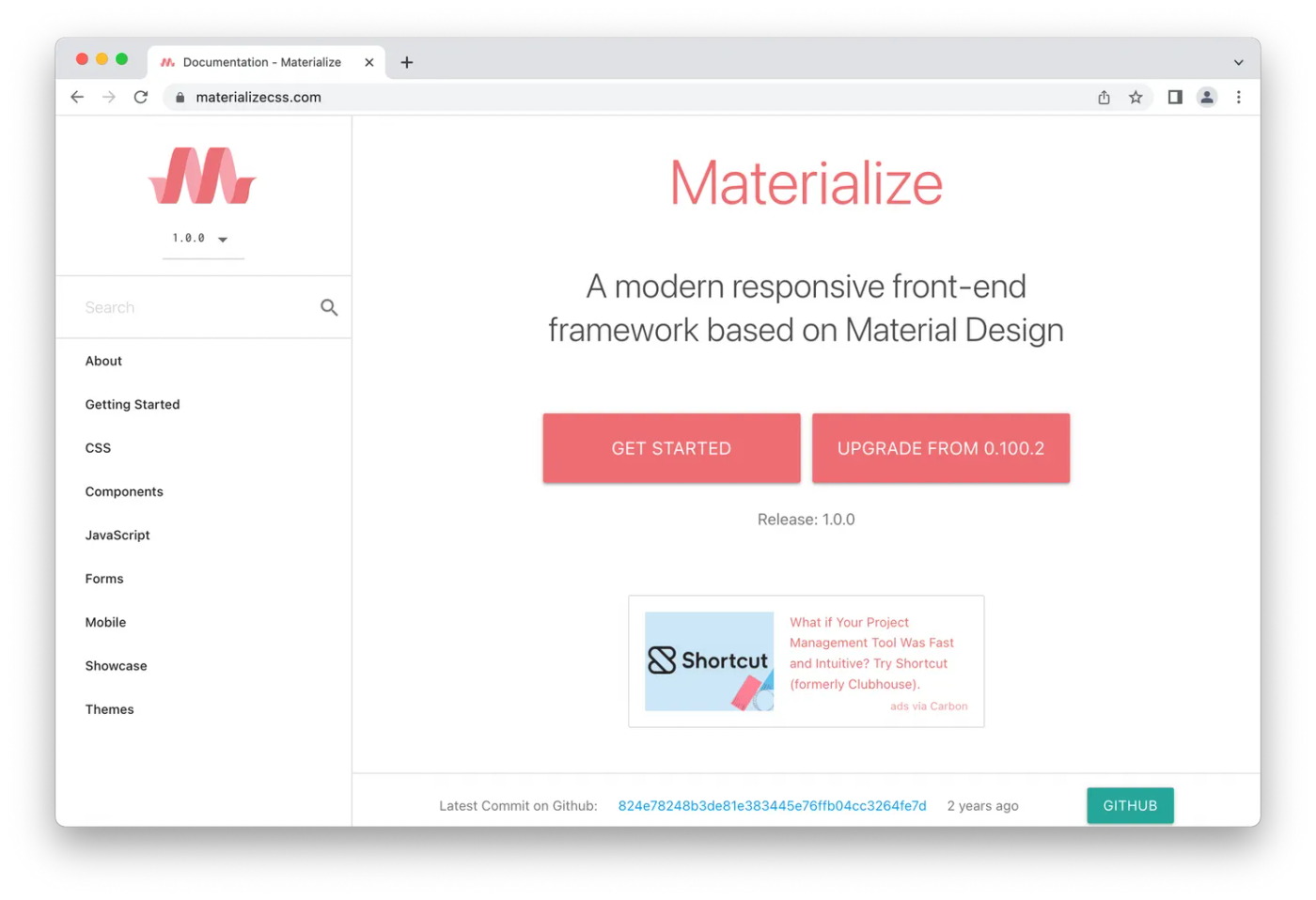Materialize homepage, salmon lettering and M logo on white background