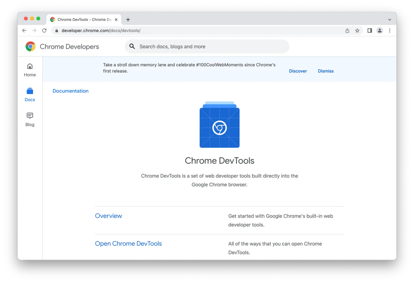 Chrome DevTools homepage, blue logo on white background in G suite