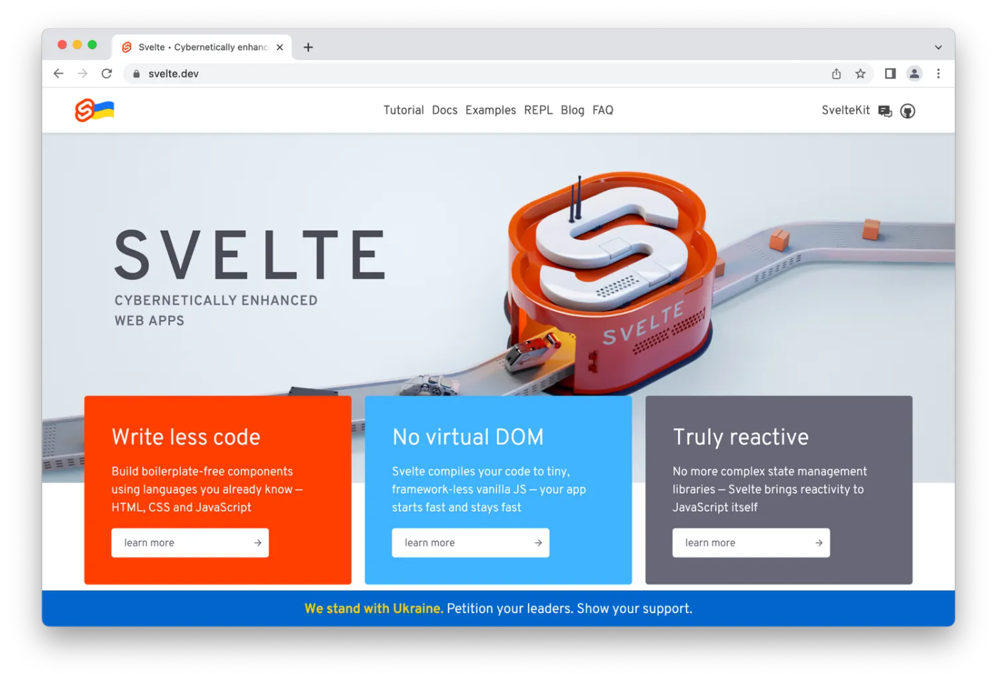 Svelte homepage, orange logo on grey conveyer belt