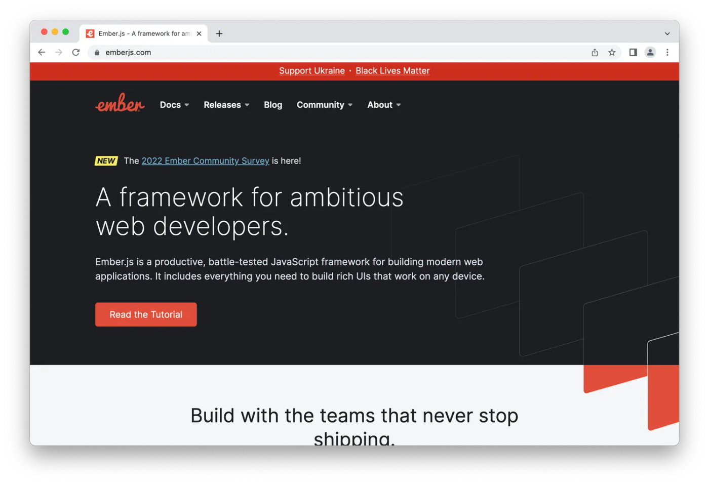 Ember homepage, white and red lettering on black background