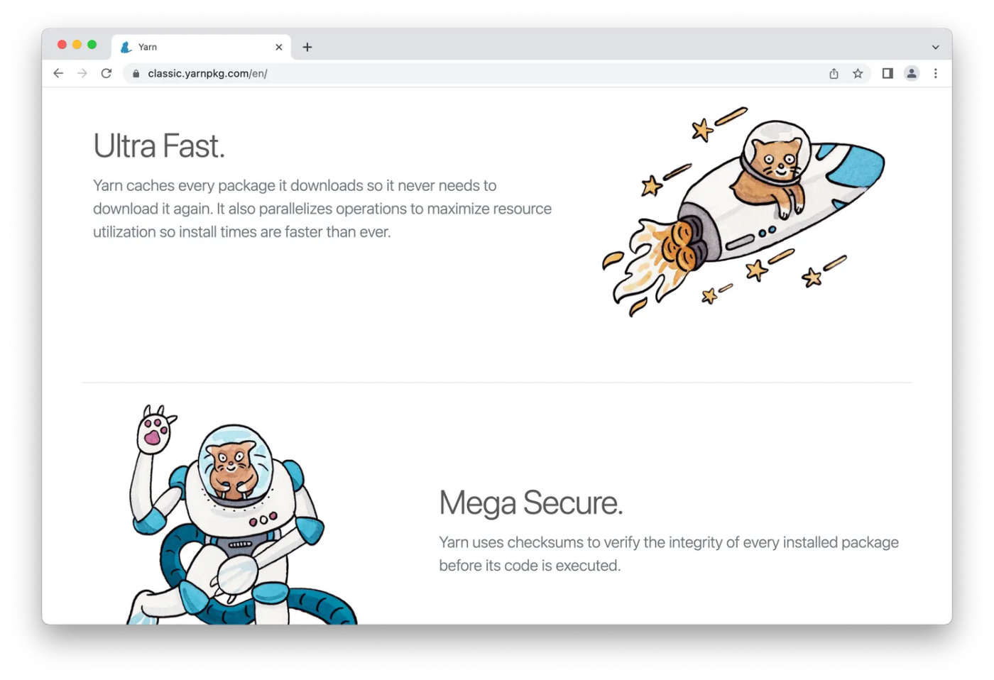 Yarn homepage, cartoon cat in rocketship