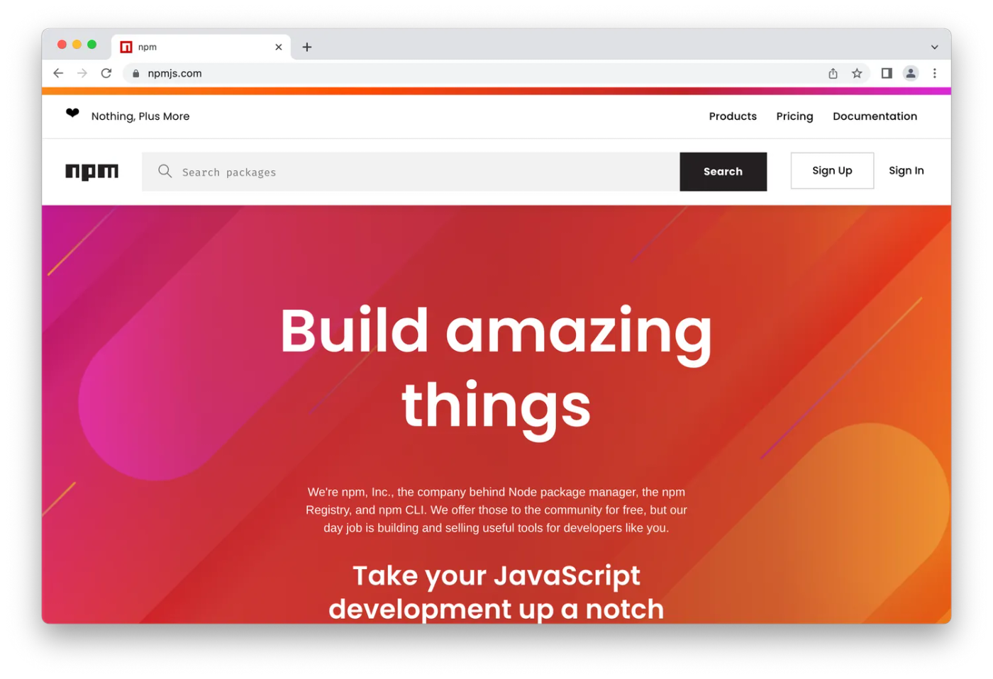NPM homepage, white lettering on red and orange background