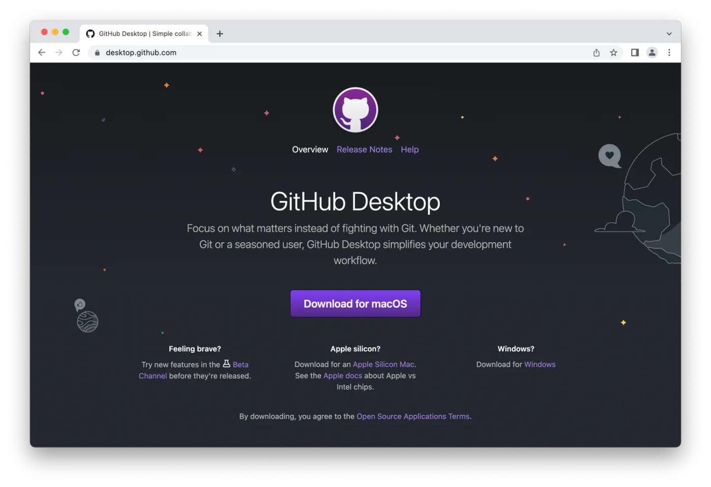 Github Desktop homepage, purple kitten logo on night sky background