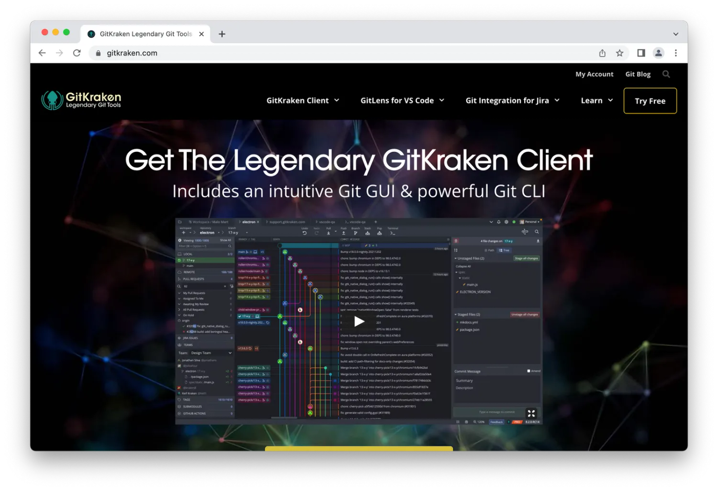 GitKraken homepage, colorful code over astrological background