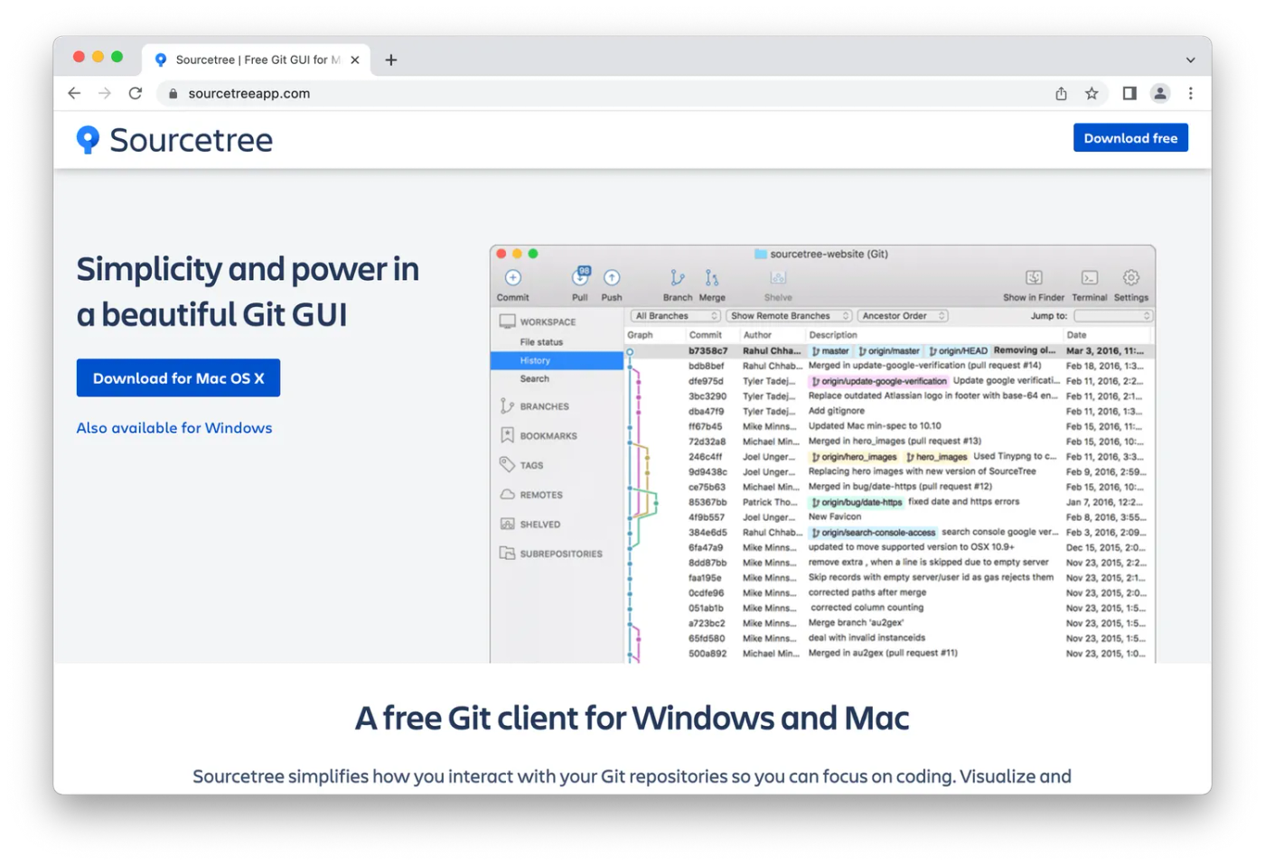 SourceTree homepage, coding screenshot on white background