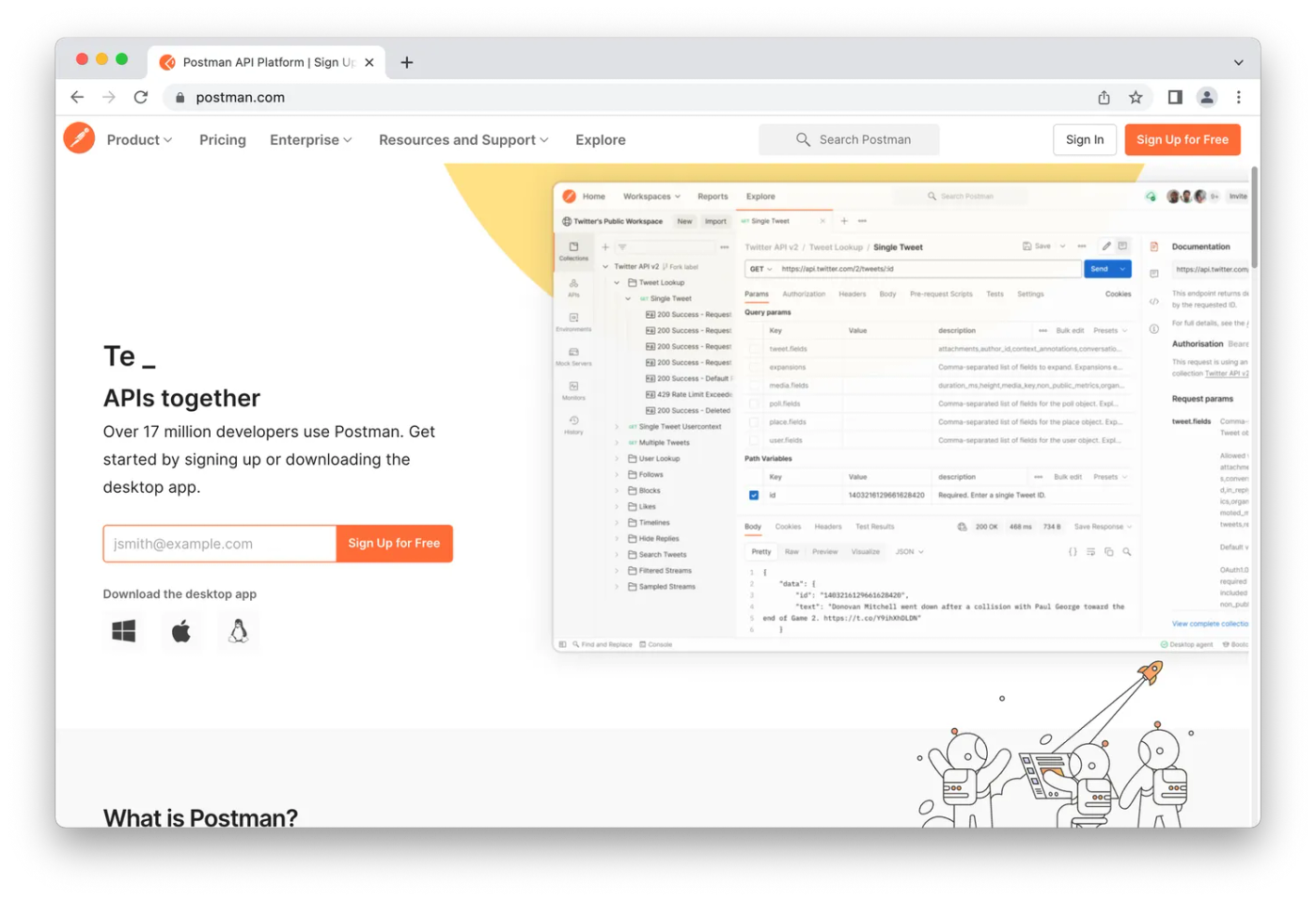 Postman homepage, cartoon astronauts on white and orange background