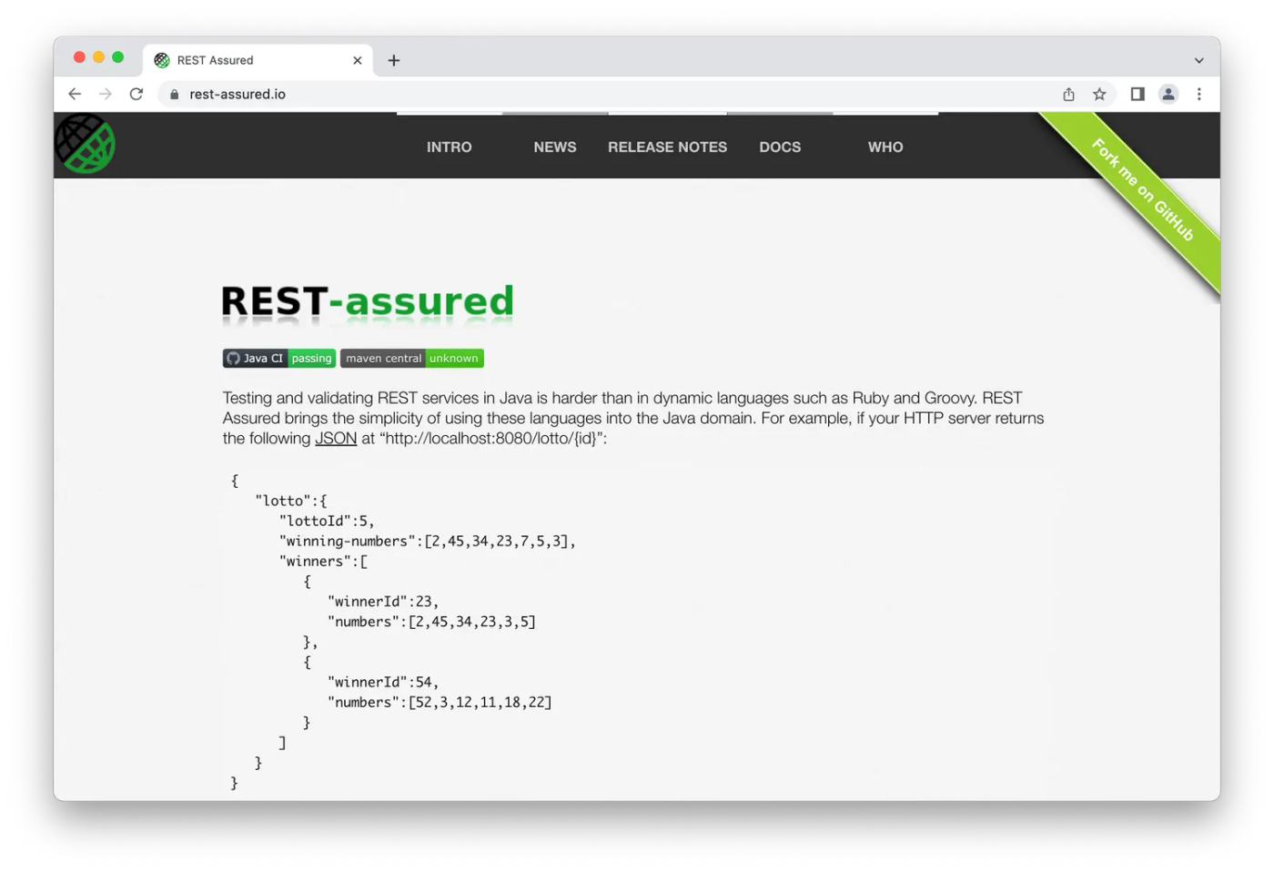 REST-assured homepage, green and black lettering on white background