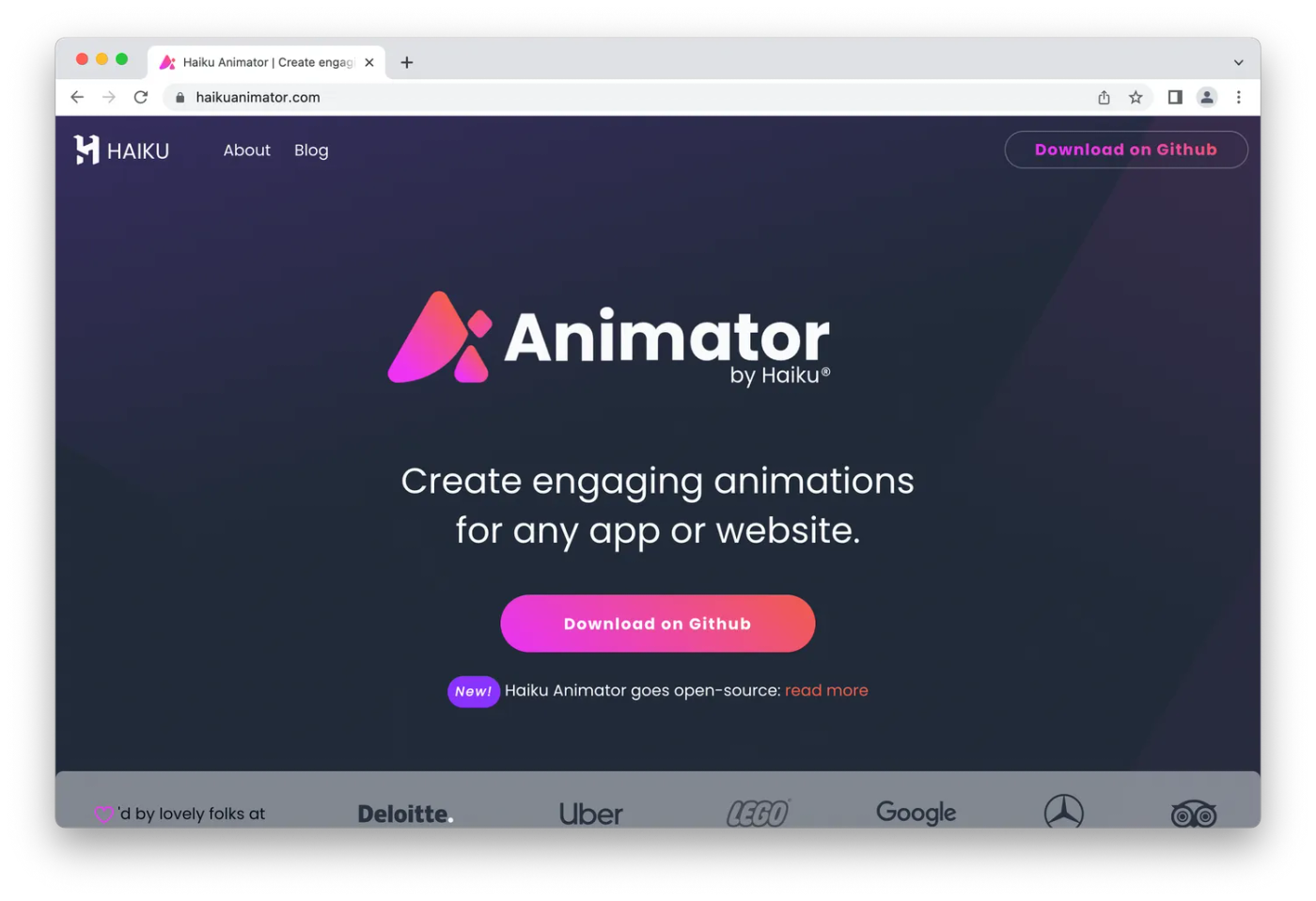 Animator by Haiku homepage, pink logo on black background