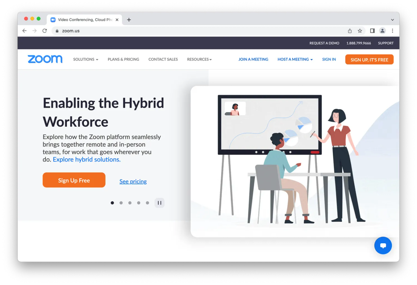 Zoom homepage, cartoon people giving a pesentation