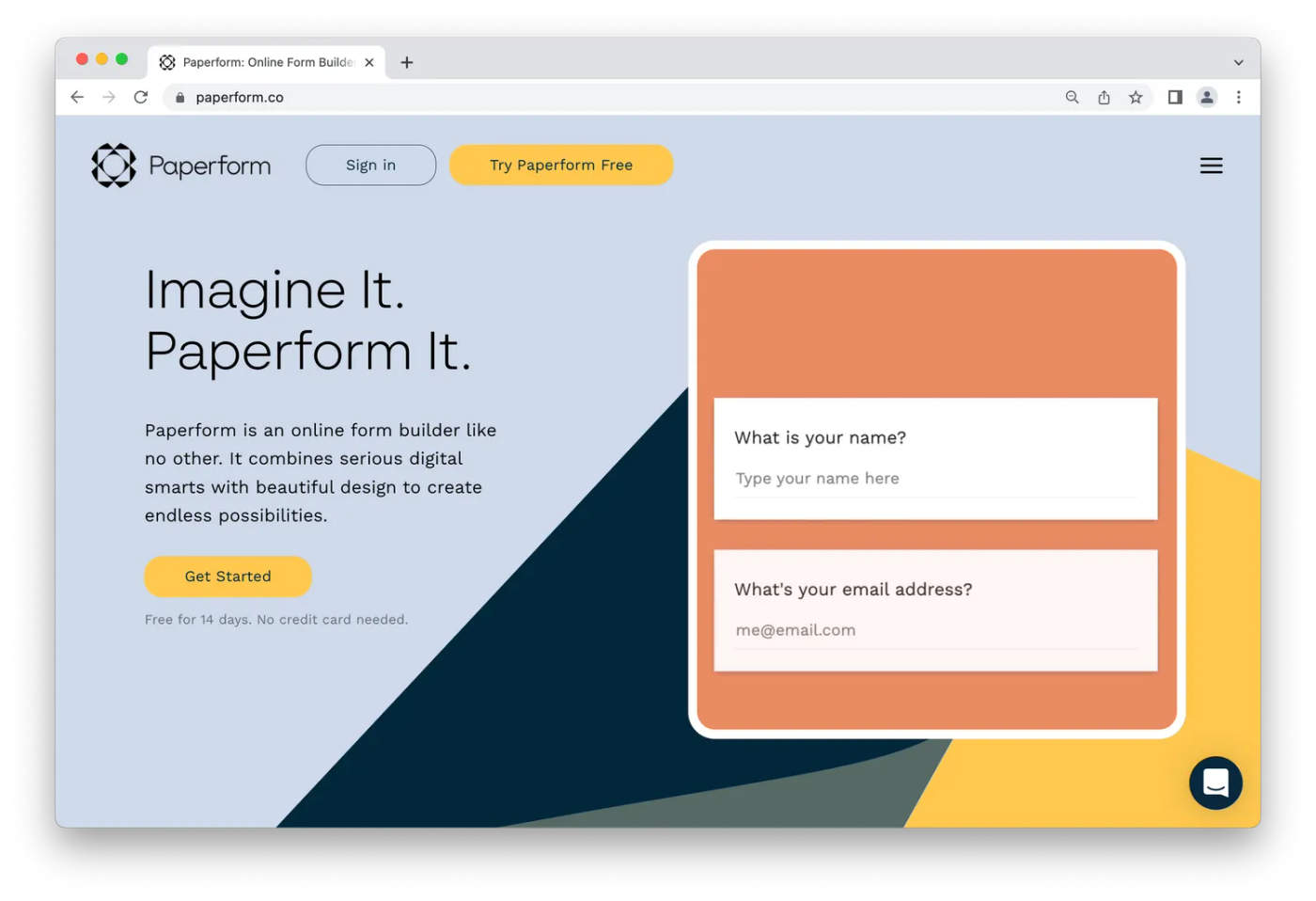 Paperform homepage, blue and orange geometric design