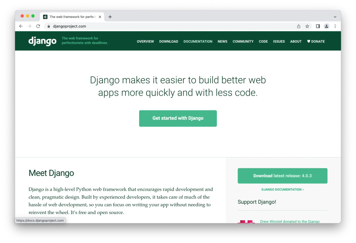 Django homepage, green font on white background