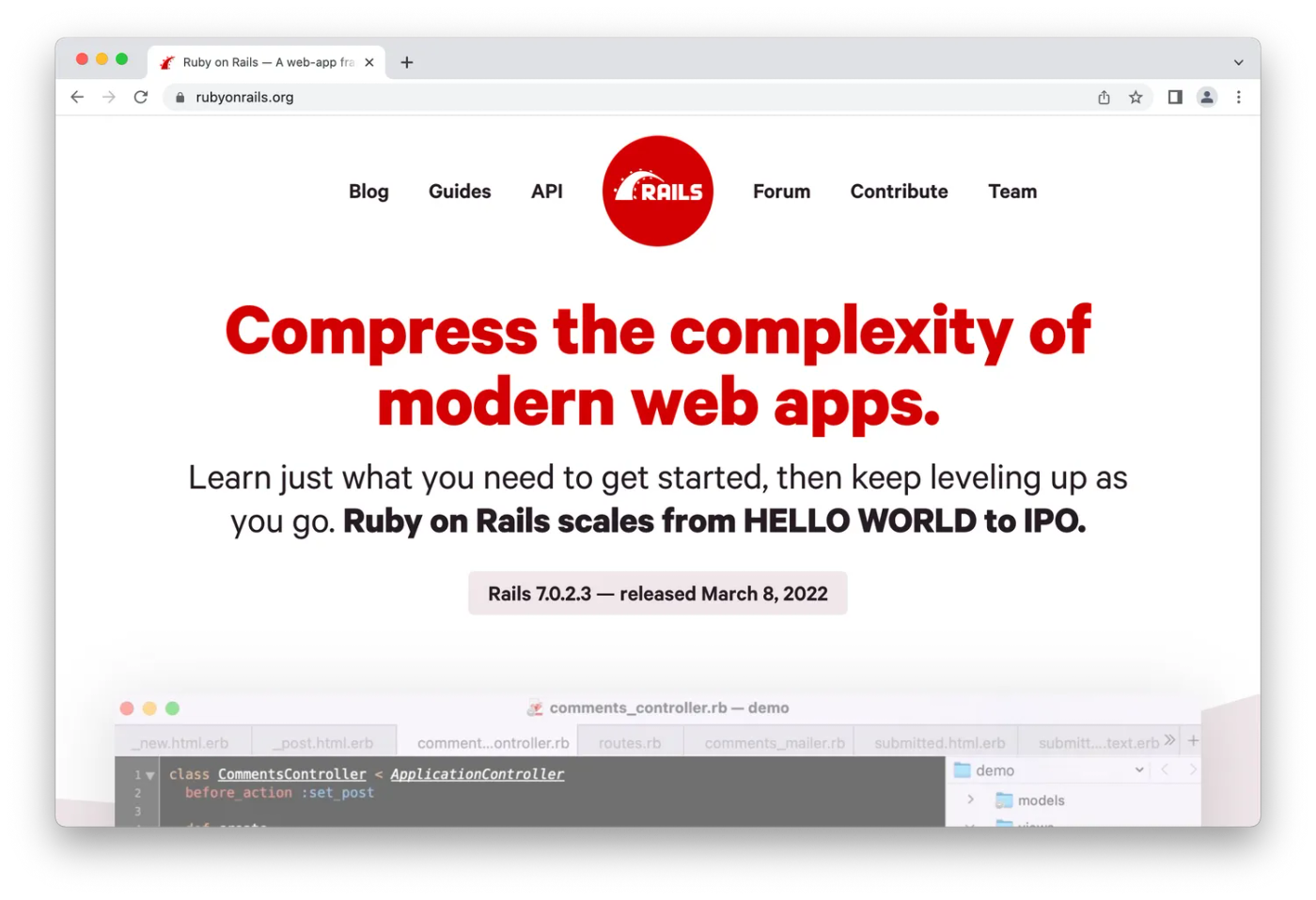 Ruby on Rails homepage, red font on white background