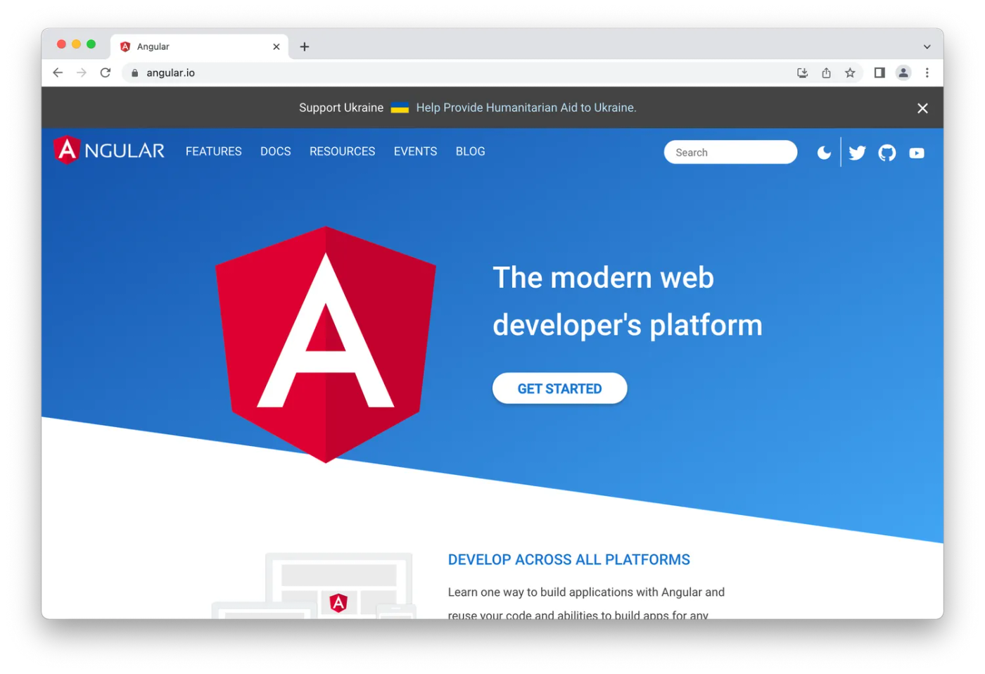 Angular home page, red A logo on blue and white background