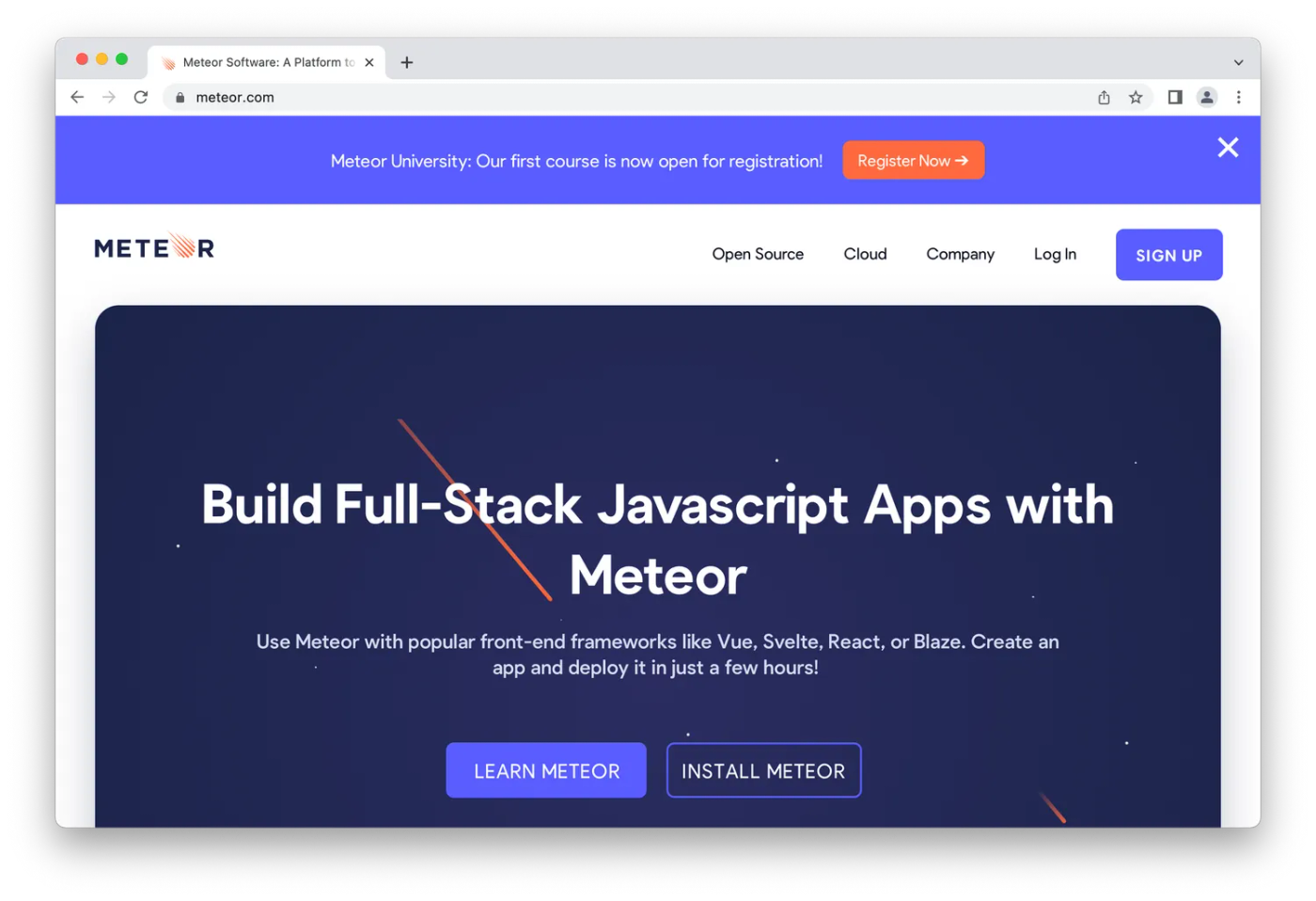 Meteor homepage, astroids over black background