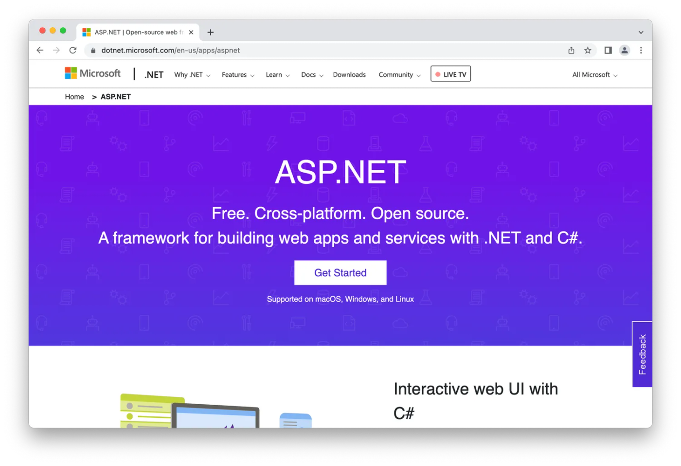 ASP.NET's homepage, purple background with white lettering