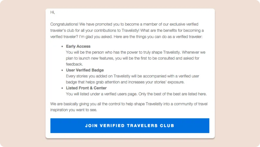 Travelistly's congratulations email