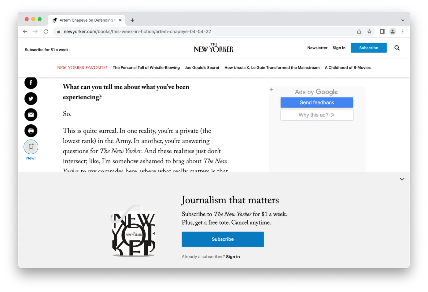 Story in the New Yorker stopped by request to subscribe